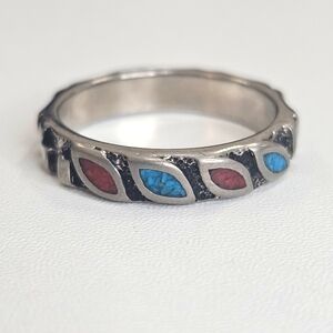 Sterling Silver Southwestern Ring Size 6.75 SW 925 Band Turquoise Red Coral